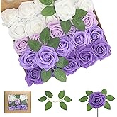 WANTMAZOR Artificial Flowers 50PCS Purple Roses Real Looking Foam Fake Roses with Leaves and for DIY Wedding Bouquets Bridal Shower Centerpieces Party Decorations (Purple Series, 50)