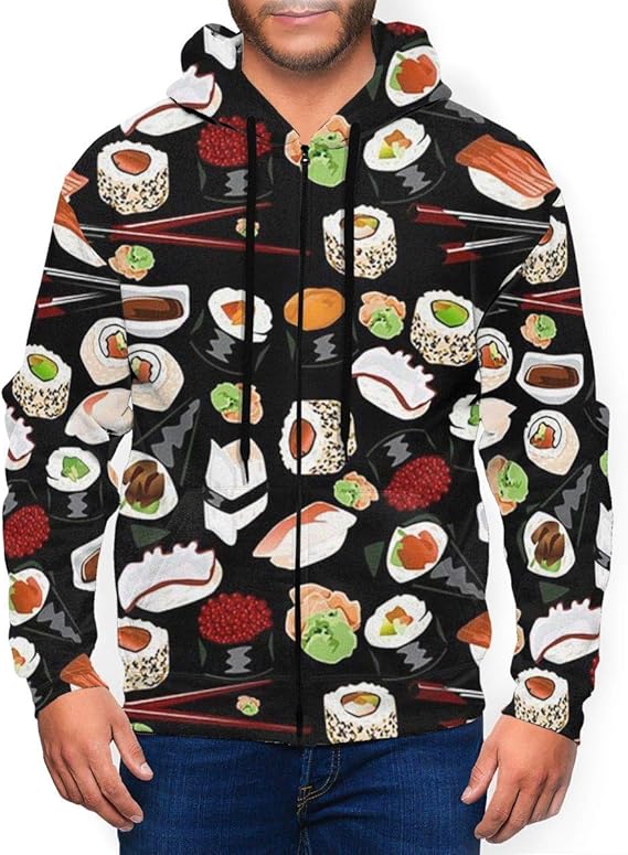 Amazon Co Jp おいしい寿司柄 メンズ パーカー ファッション カーディガン キャップ付き カジュアルウェア ジッパー 服 ファッション小物