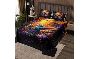 Feelyou Hummingbird Bedspread King Size Hummingbird Flowers Quilted Coverlet for Boys Girls Teens Tropical Birds Coverlet Set Blossoming Iris Flowers Quilted Room Decor Golden Blue