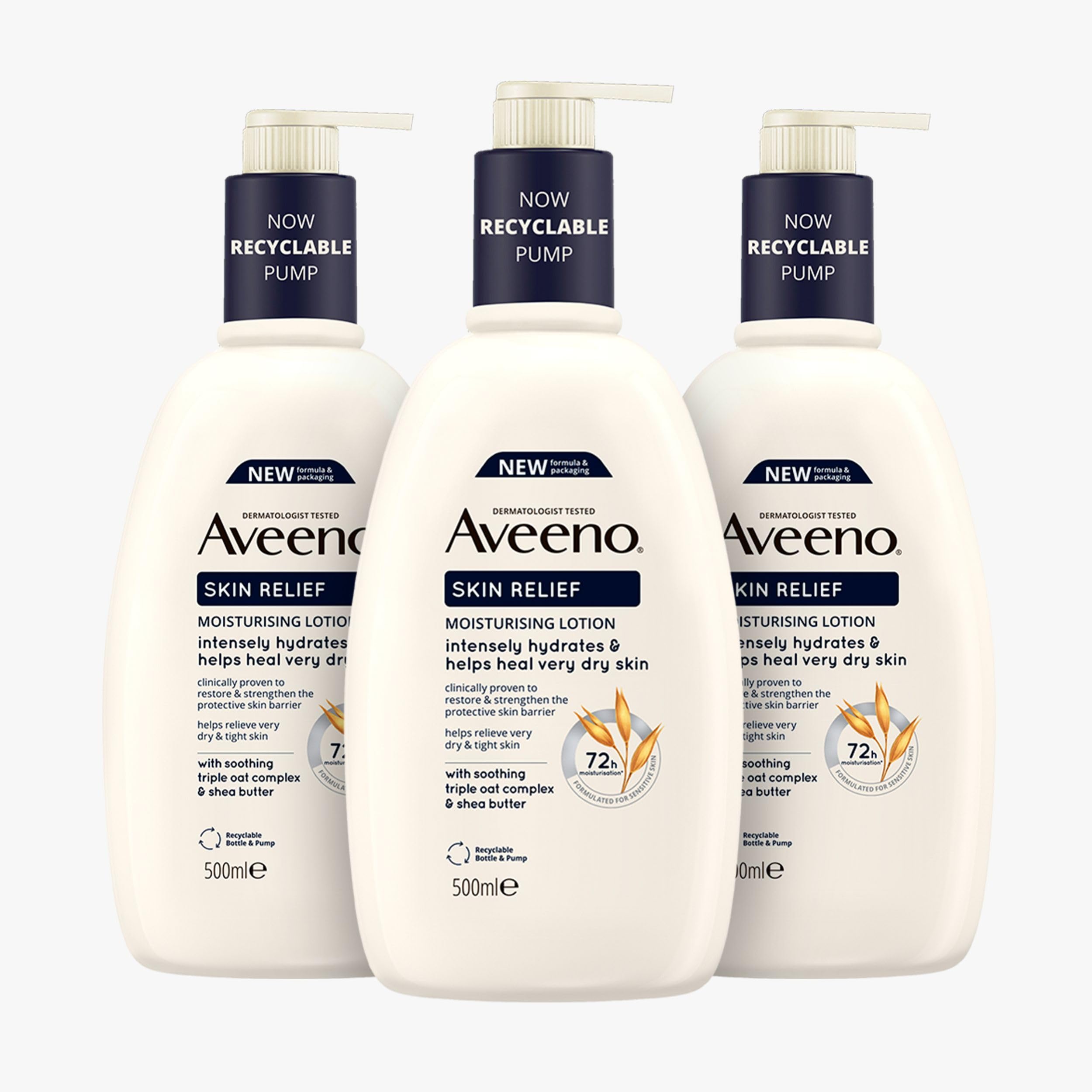 Aveeno Skin Relief Moisturising Lotion Bundle (3x 500ml), Nourishing Body Lotion for Relief from Very Dry, Tight Skin, Body Moisturiser Enriched with Prebiotic Triple Oat Complex and Shea Butter