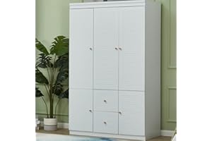 VivaVista White Armoire Wardrobe Closet with 3 Doors Wooden Bedroom Armoires Clothes, Wood Wardrobe Closets Storage Cabinet with Hanging Rod Shelves Drawers Closets