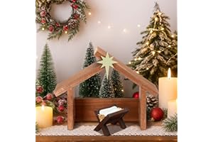 Yaomiao 2 Pcs Small Christmas Nativity Stable Manger Decorations 9.25 x 7.08 Inch Wood Nativity Scene with Roof Star for Inside Scale Holy Family Tiny Wooden Stable Shed Creche Home Desk Decor
