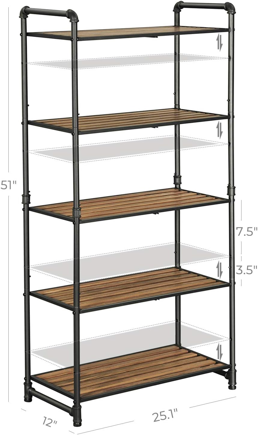 VASAGLE 5-Tier Storage Rack, Bookshelf, Customizable Kitchen Bathroom DIY Shelf, Industrial Extendable Plant Stand with Adjustable Shelves, 25.1 x 12 x 51 Inches, for Living Room, Rustic Look UBSC26BX: Kitchen & Dining