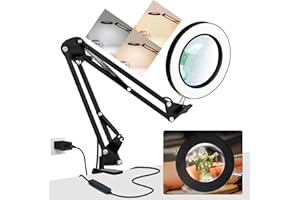 10X Magnifying Glass with Light, KUVRS 1,800 Lumen 3 Color Stepless Dimming, 4.2 Inch Real Glass Lens LED Lighted Magnifier, Adjustable Swing Arm with Clamp Desk Lamp for Craft Repair Crochet Puzzles