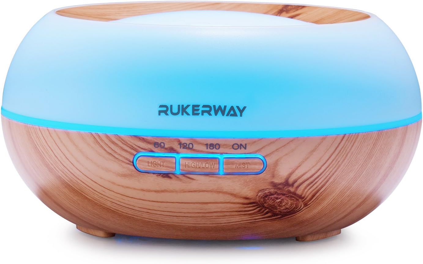 Rukerway 300ml Essential Oil Diffuser Ultrasonic Aromatherapy Air Purifier Adjustable Mist with Time Setting 7 Color Night light for Home Office and Spa (Wood Grain)