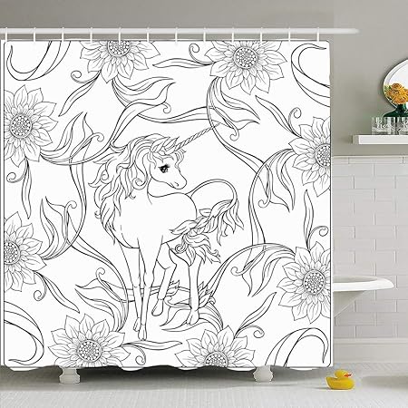 Cortina de ducha Ahawoso con ganchos Unicornio Cumpleaños Mano Feliz