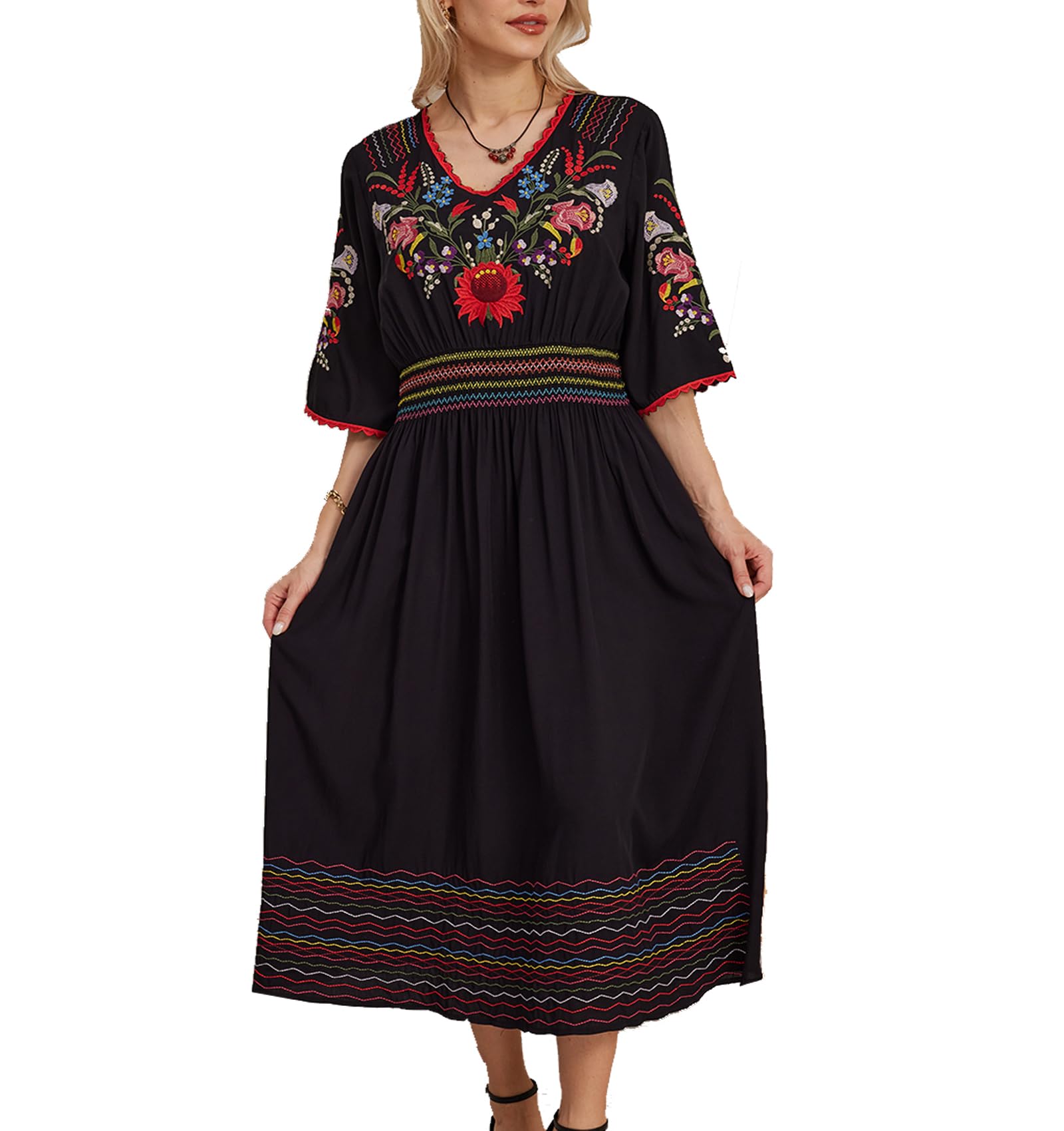 mexican bohemian dress Mexican Embroidered Off Shoulder Maxi Evening Dress One Size / White