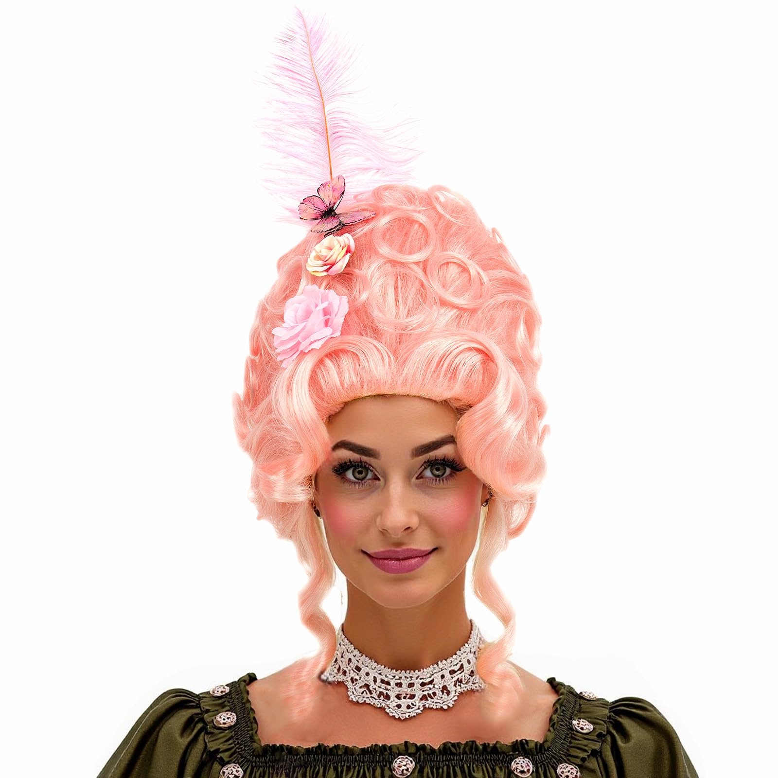 Photo 1 of R REEWES FASHION HAIR Beehive Wig Victorian Style Pink Short Curly Wig with Pink Feather, Rose and Butterfly Accessories Queen Cosplay Halloween Costume Wigs For Women