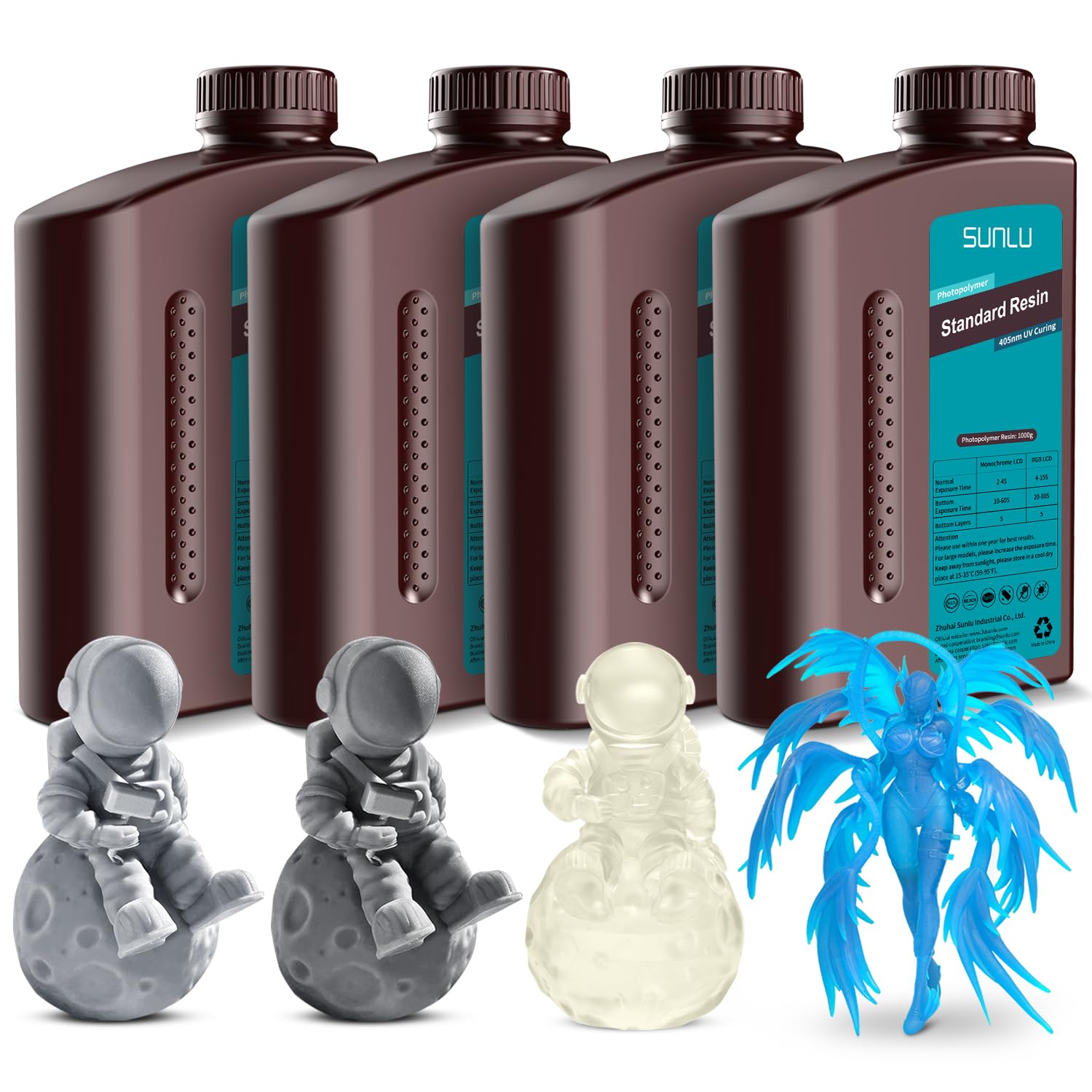SUNLU 3D Printer Resin Bundle, 395 to 405nm UV Curing 3D Printing Liquid Photopolymer Resin, Low Shrinkage and High Precision,(Grey+Dark Grey+Clear+Clear Blue,1kg Per Bottle,4kg in Total) Image