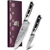 KYOKU Knife Set, Shogun Series 2pc Japanese Style Kitchen Knife Set, 8" Chef 3.6" Paring Knife with Sheath Gift Box, Professional Sharp Damascus Stainless Steel Knives for Meat Vegetable Fruit