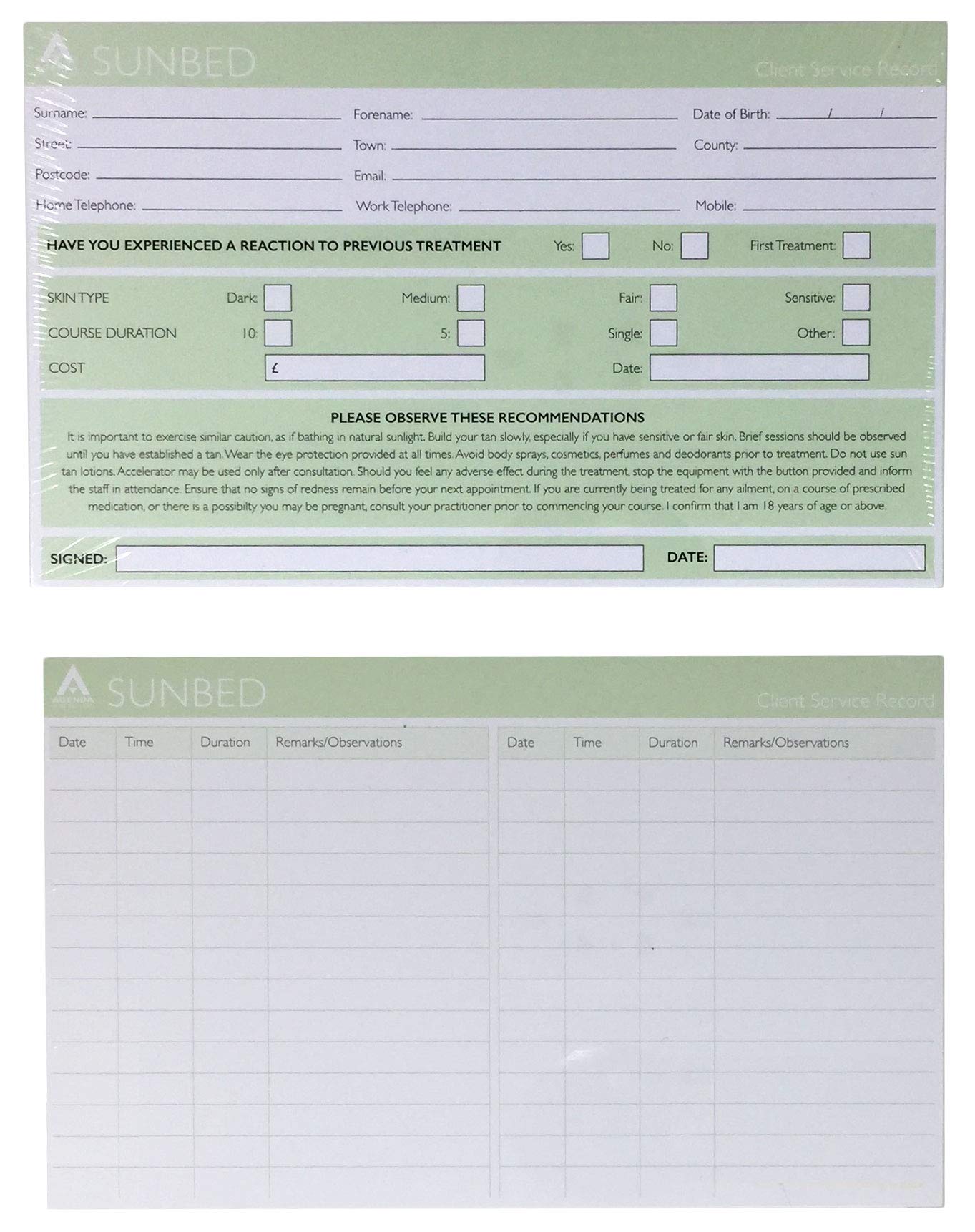 Agenda Sun Bed Record Cards