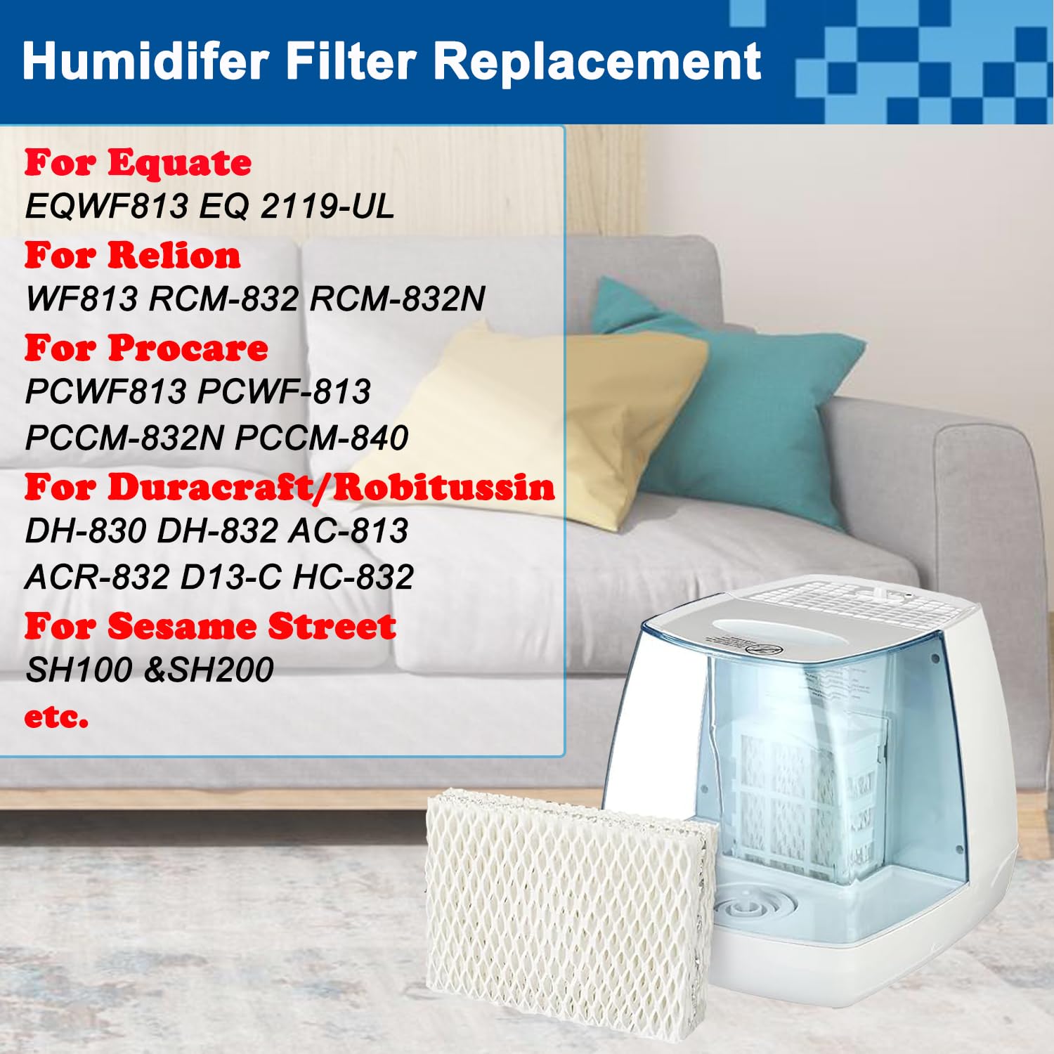 6 Pack WF813 Humidifier Filter Replacement, Upgraded Humidifier Wick Filter for ReliOn RCM-832 RCM-832N, for ProCare PCWF-813 PCCM-840, for Equate EQWF813 EQ 2119-UL Cool Mist Humidifier Filters