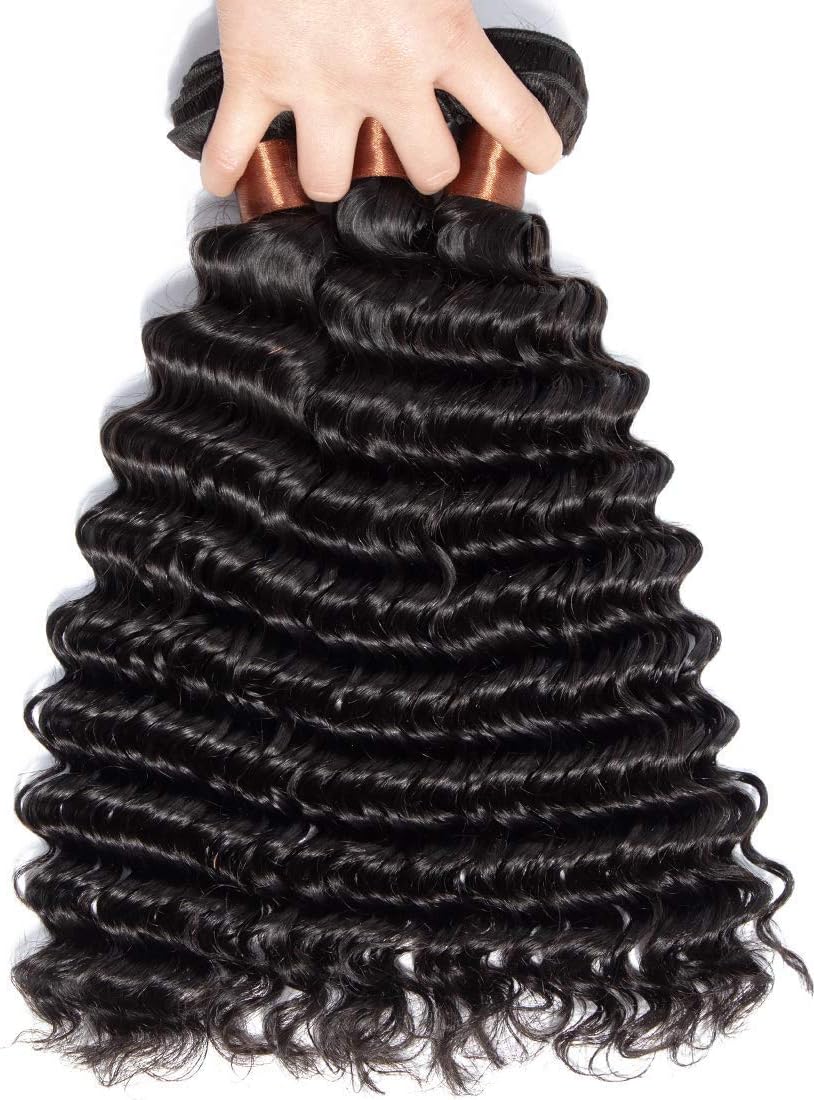 BLACKMOON HAIR Brazilian Virgin Deep Wave Hair 3 Bundles With Free Part Closure Natural Black Color 100% Unprocessed Human Hair Weaves Weft with Lace Closure (22 24 26+18 closure, Free Part) - Image 4