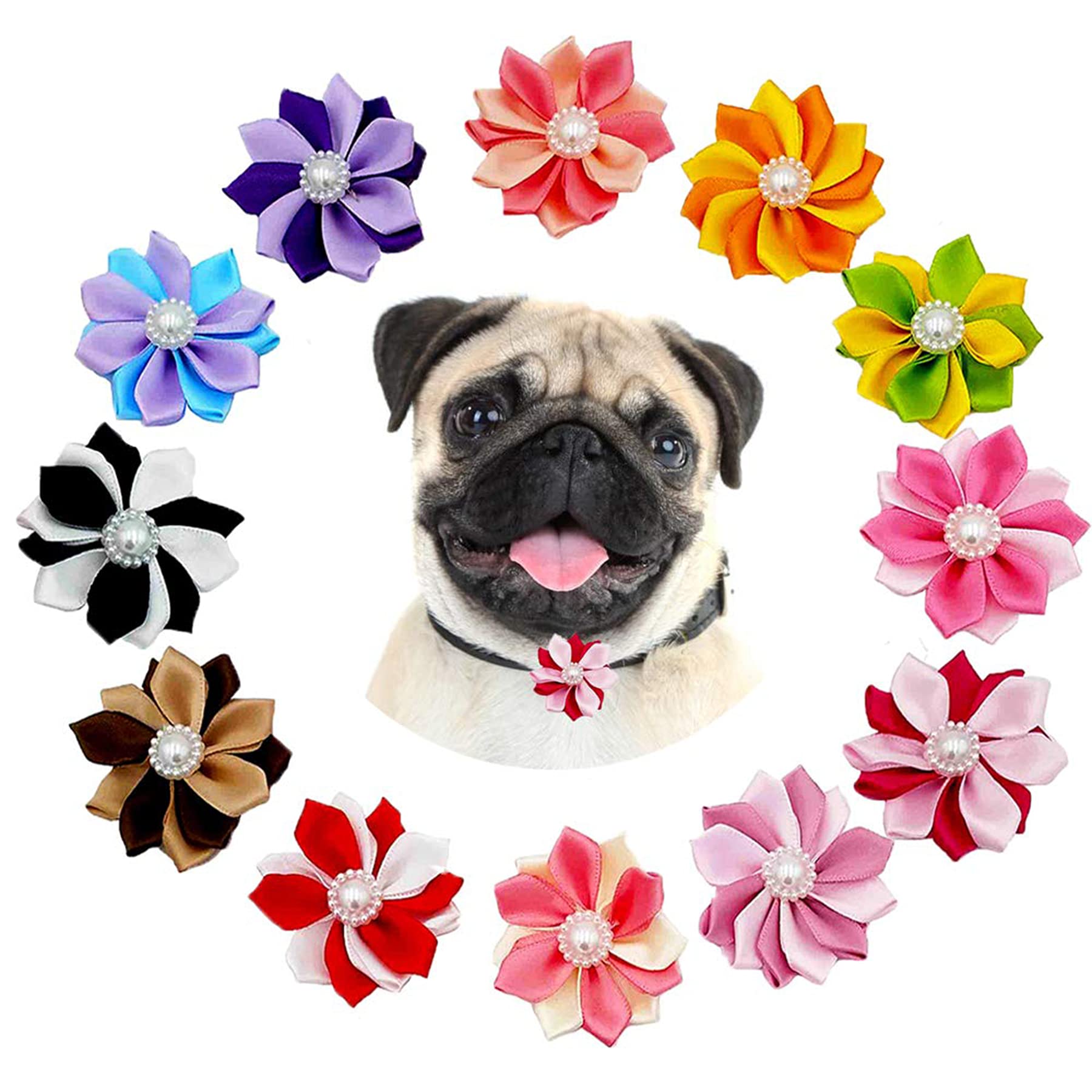 JpGdn 12pcs Dog Collar Flowers Bows Multicolored Adjustable Collar Charms Bow for Small Medium Puppy Doggies Cats Wedding Birthday Party Festival Pet Attachment Grooming Accessories