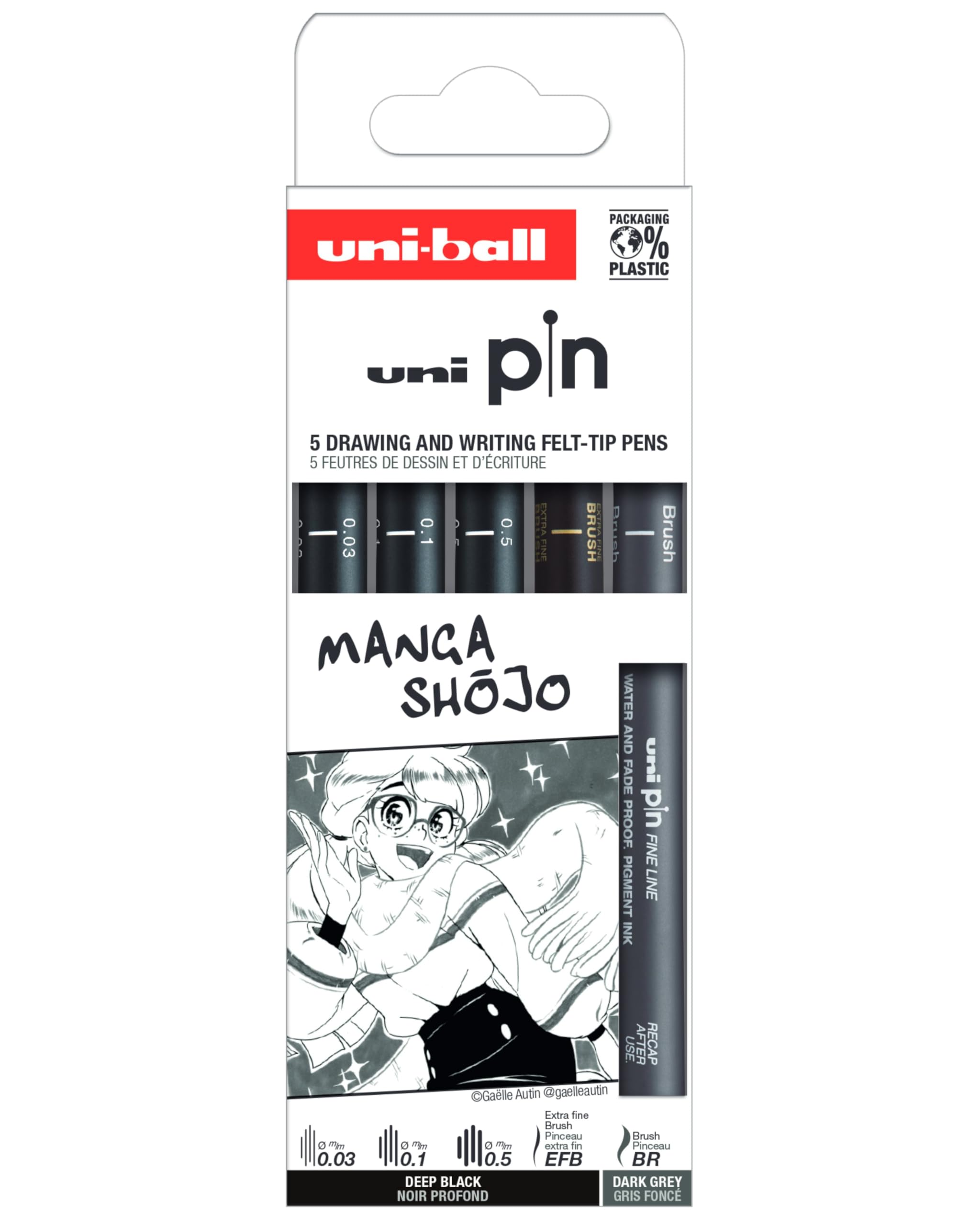 Uni-Ball Technical Felt-Tip Pouch – Calibrated Tips 0.03 to 0.5 mm & Brush – Black & Dark Grey – 5 Pens