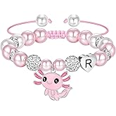 Ritach Axolotl Valentines Day Gifts for Kids Girls - Cute Axolotl Heart Initial Bracelet CZ Rhinestone Beads and Pink White Pearl Bracelets for Girls Valentines Day Gifts for Daughter Axolotl Lovers