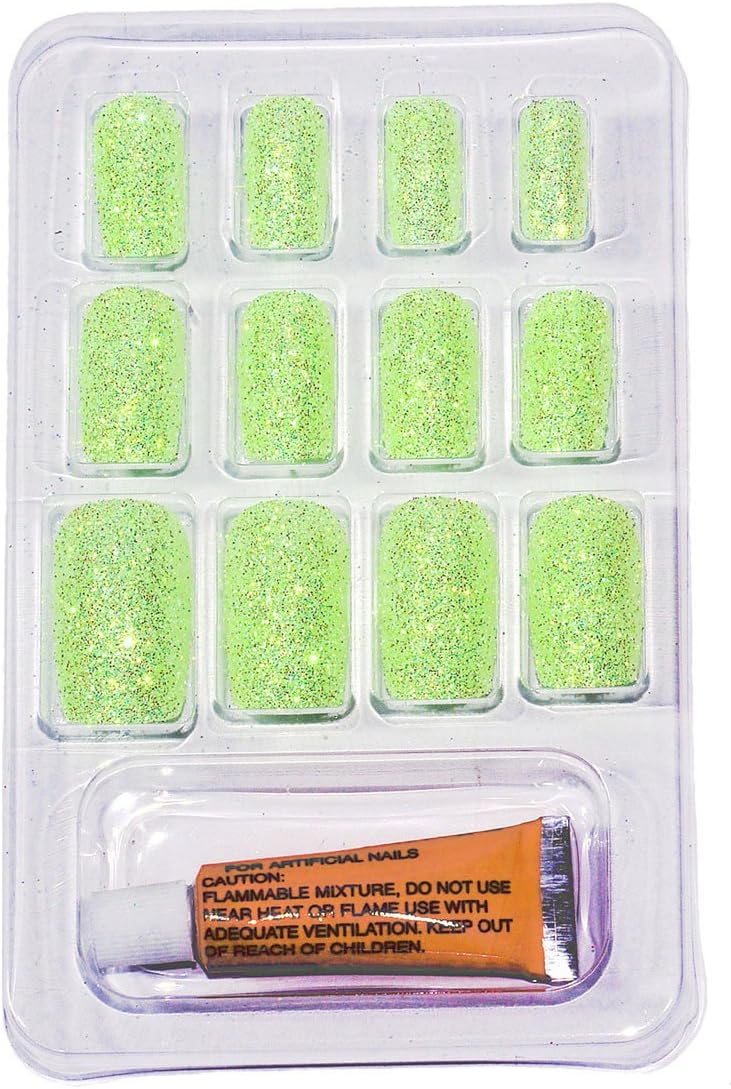 Color Fever False Nails - Quick Stick Artificial Nail Set with Glue, (Neon Green) 12 pc Set