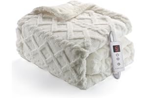 CAROMIO Heated Throw Blanket - Thick Tufted Sherpa Electric Blanket Throw with 10 Heating Levels and 10 Time Settings, ETL Certified Machine Washable Fast Heating Blanket Throw 50"×60", Off White
