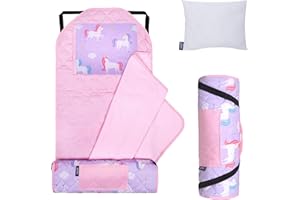 Wildkin Modern Kids Nap Mat – Soft Cotton Blend with Pillow & Elastic Straps for School & Travel - Unicorn