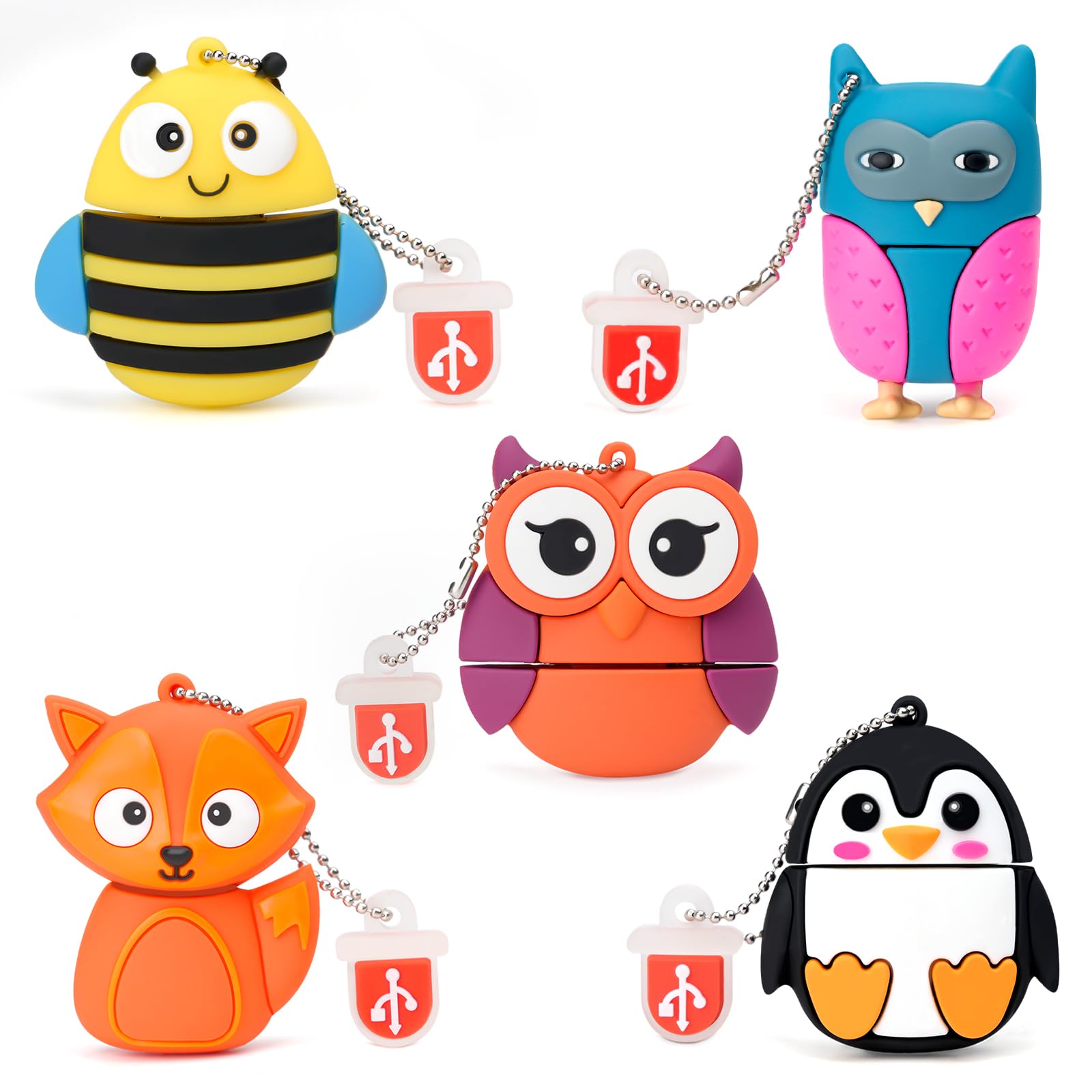 USB Flash Drive 5 Pack 16GB with Cute Animal Pattern, BORLTER CLAMP Memory Stick Thumb Drive Gift for Students and Children