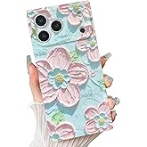 KERZZIL Elegent Girly 3D Flower Compatible with iPhone Rectangle Edge Case, Cute Floral Pattern Slim Soft TPU Protective Bumper Cases Cover(Blue,17 Pro Max)