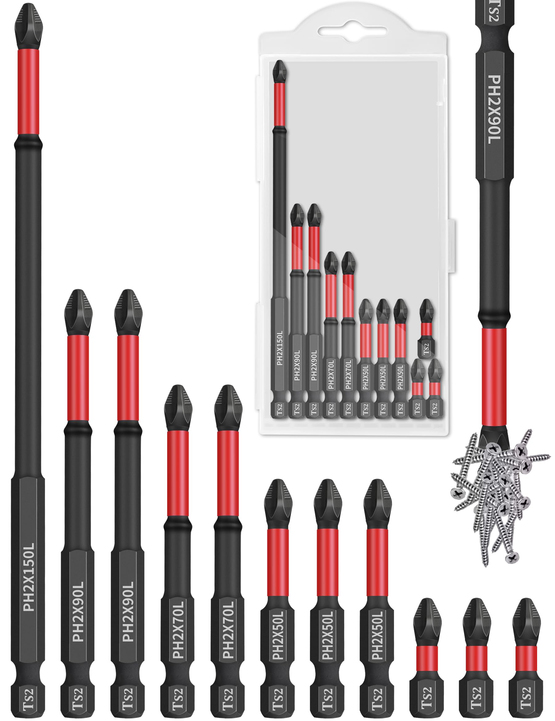 Photo 1 of ** 10 PCS ** Tomorotec 11PCS Magnetic Phillips Screwdriver Drill Bit Set #2 - Anti-Slip, Shock-Absorbent, Compatible with Impact & Electric Screwdrivers (Red)