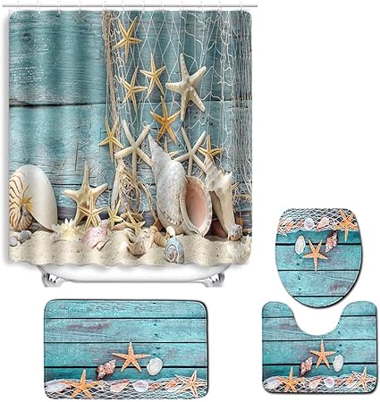 4pcs Set Shower Curtain Bath Mat Sets With Rugs And Accessories Summer Beach Conch Starfish Printed Pattern Bathroom Decoration Waterproof Non Slip Pedestal Rug Lid Toilet Cover Bat Mat Bathroom Accessory Sets