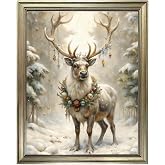 Vintage Framed Reindeer Wall Art Winter Canvas Print Home Decor Deer Picture Painting Christmas Decorations