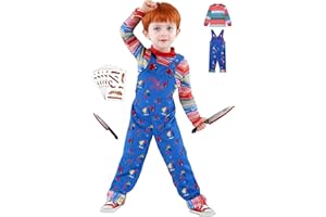 LENOAPHYS 【5 Sizes for 3-11Y】 Chucky Costume for Kids Halloween Jumpsuit Long Sleeve Rainbow Shirt Prop Knife Scar Tattoos