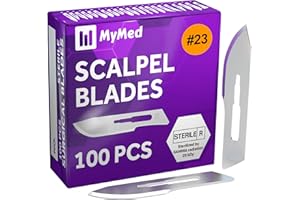 MyMed Disposable Scalpel Blades| #23 Sharp Carbon-Steel Blades | Pack of 100 | Sterile Individual Pouches| Dermaplaning Tool for Face Professional, Podiatry, Crafts & More