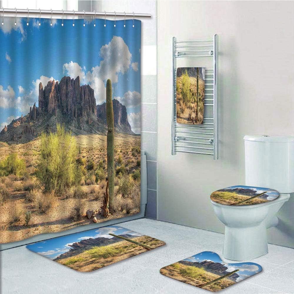 iPrint Bathroom 5 Piece Set Shower Curtain 3D Print,Saguaro Cactus Decor,Famous Canyon Cliff with Dramatic Cloudy Sky Southwest Terrain Place Nature,Brown Green Blue,Picture Print Design