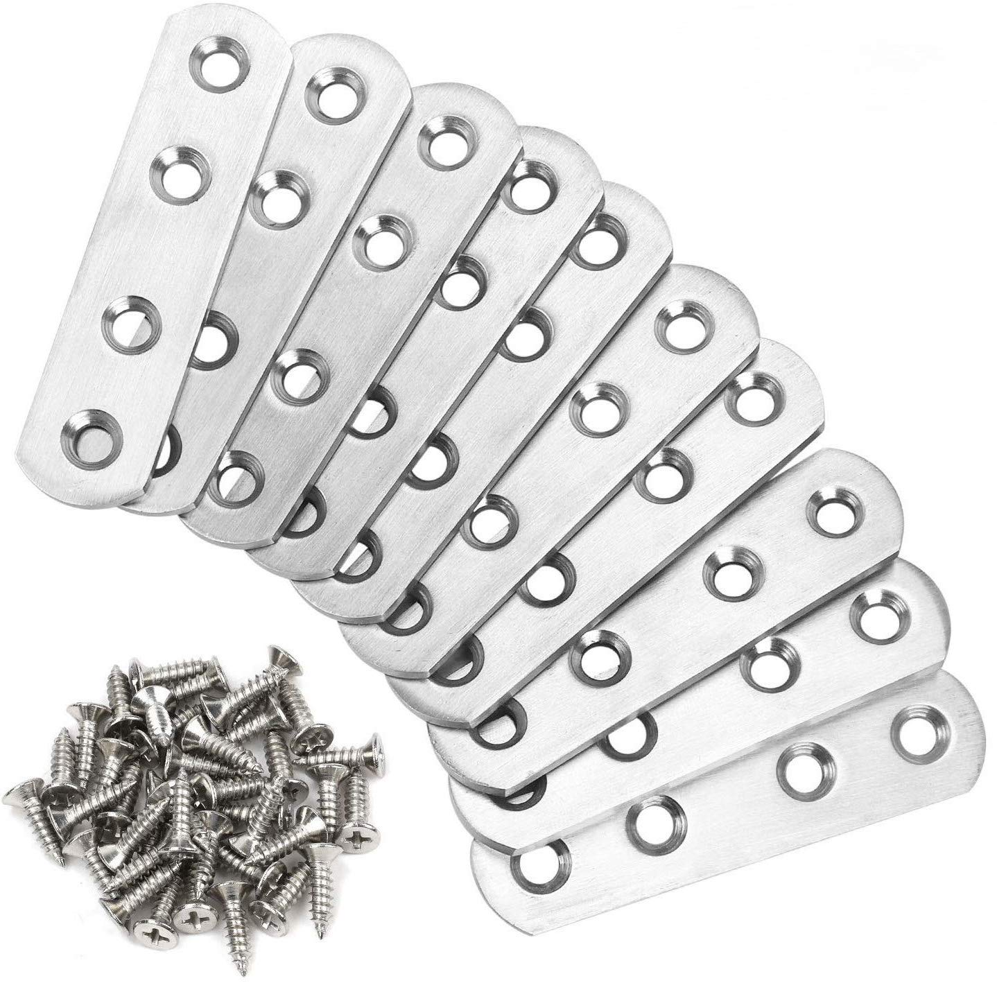 Flat Brace Plate Brackets,10 PCS Stainless Steel Corner Brace Joining Plates Connector Repair Bracket with 40Pcs Fixing Screws 76 X 16mm