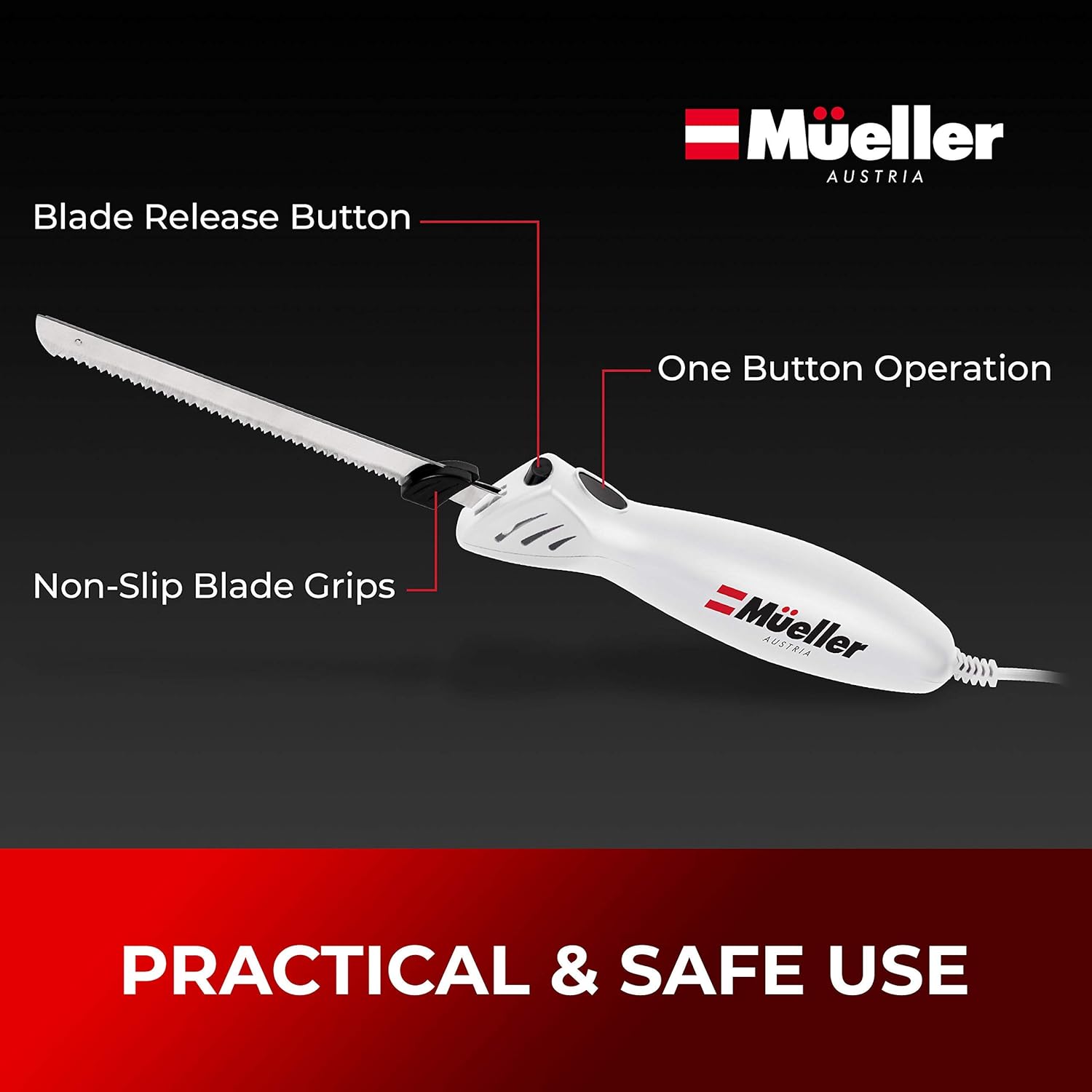 Mueller Ultra-Carver Electric Knife 100W, for Carving Meats, Poultry, Stainless Steel Blades, Powerful Motor, Ergonomic Handle, One-Touch On/Off Button, Blade Release Button, Dishwasher Safe, White: Kitchen & Dining