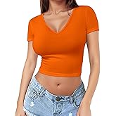 Short Sleeve V Neck Crop Top for Women Soft Workout Shirt Going Out Tops Sexy Slim Fitted Casual Base Layer Lightweight