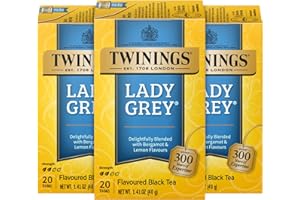 Twinings Lady Grey Tea - A Fresh, Uplifting Black Tea with Orange Peel, Lemon Peel, and Natural Citrus Flavours, Caffeinated Tea Bags, Individually Wrapped, 20 Count (Pack of 3)