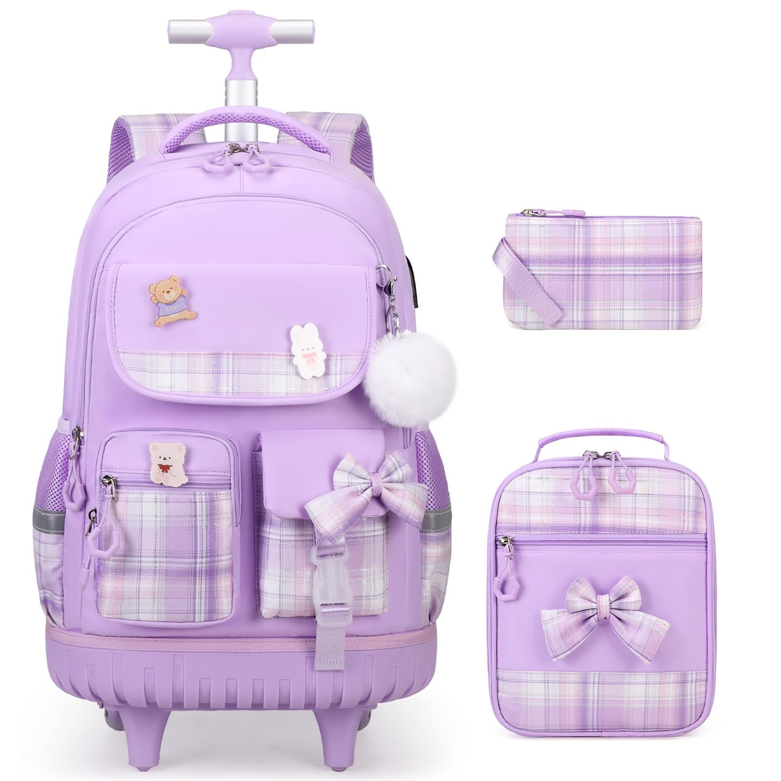 Photo 1 of ACESAK Rolling Backpack for Girls - Roller Wheels School bag with Lunch Bag & Pencil Pouch for Teen Girls Kids Wheeled Suitcase Backpacks, Elementary Middle School Travel Daypack (Purple)