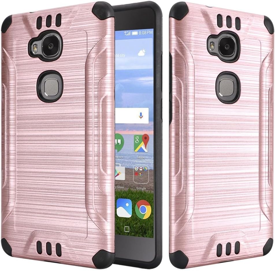 Huawei Sensa 4G LTE [Straight Talk] H710VL H715BL / Honor 5X Armor Case Heavy Duty Brushed Metal Metallic Finish Slim Fit Shock Impact Dual Layer Protection Hybrid TPU Hard Case (Rose Gold)