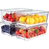 Brippo Pull-Out Fridge Organizer, 4-Pack Clear Refrigerator Storage Bins | BPA-Free, Convenient Access, Space-Saving Stackable Design, Strainer Layer for Fruits, Vegetables Veggies and Food Storage