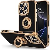 Hython for iPhone 16 Pro Max Case with Ring Stand, 360° Rotatable Ring Holder Magnetic Kickstand, Plating Rose Gold Edge Soft Cover Protective Phone Case for iPhone 16 Pro Max 6.9", Black