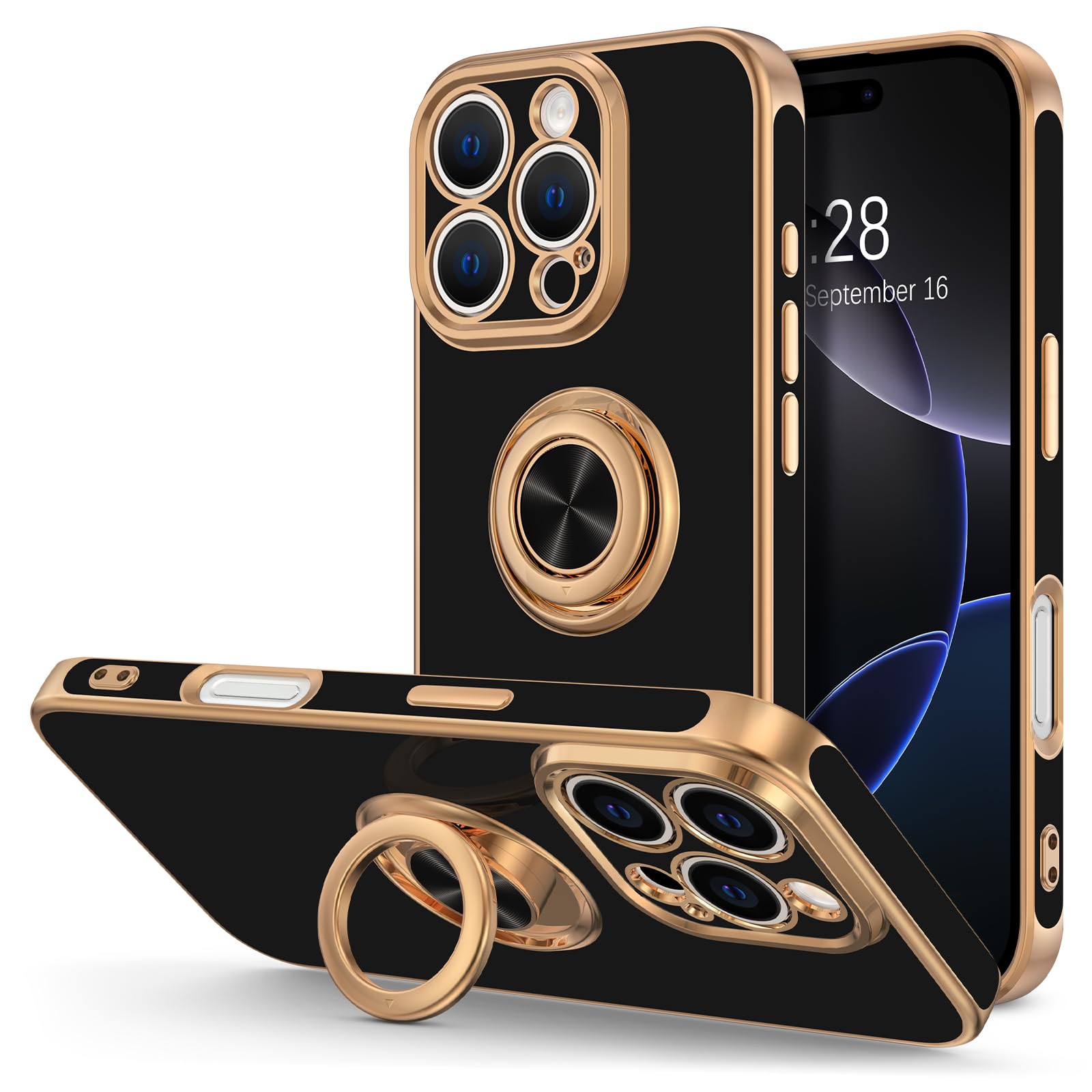 Photo 1 of Hython for iPhone 16 Pro Case with Ring Stand, 360° Rotatable Ring Holder Magnetic Kickstand, Plating Rose Gold Edge Soft Cover Protective Phone Case for iPhone 16 Pro 6.3", Black