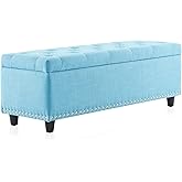 BELLEZE Storage Tufted Ottoman, 47 Inch Faux Leather Bench with Close Hinge, Ottoman with Storage for Living Room, Entryway, Hallway, Foot Rest, Support 300lbs - Blue