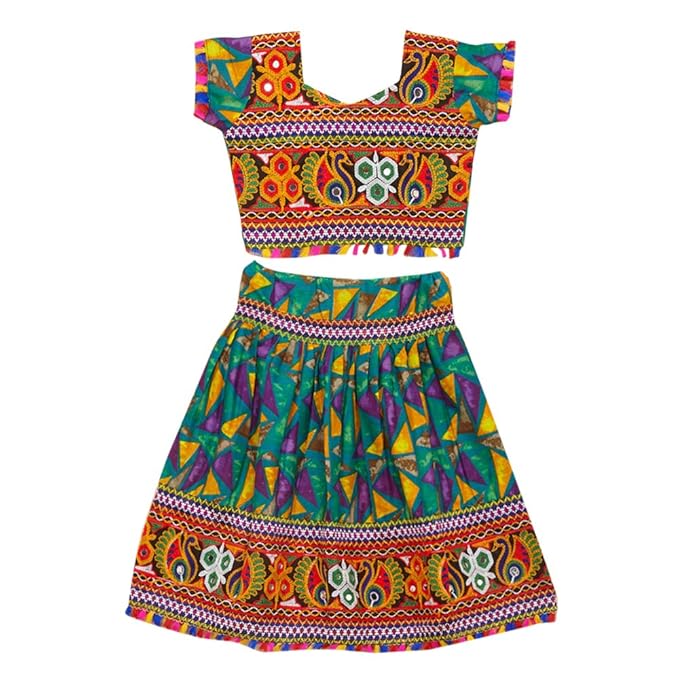 Banjara By Hopscotch Girls 100% Cotton Kutchi Embroidered Chaniya Choli in Green Color