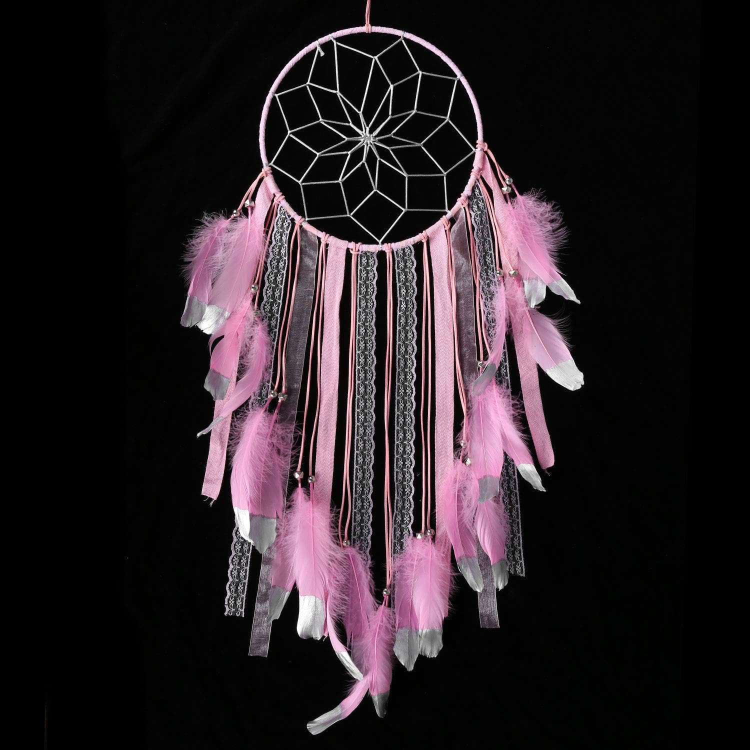 SUIBOBO Large Size Big Size Dream Catcher Handmade Traditional Pink Feather Silver Painting Silver net Wall Hanging Mordern Home Decoration (Pink-L)