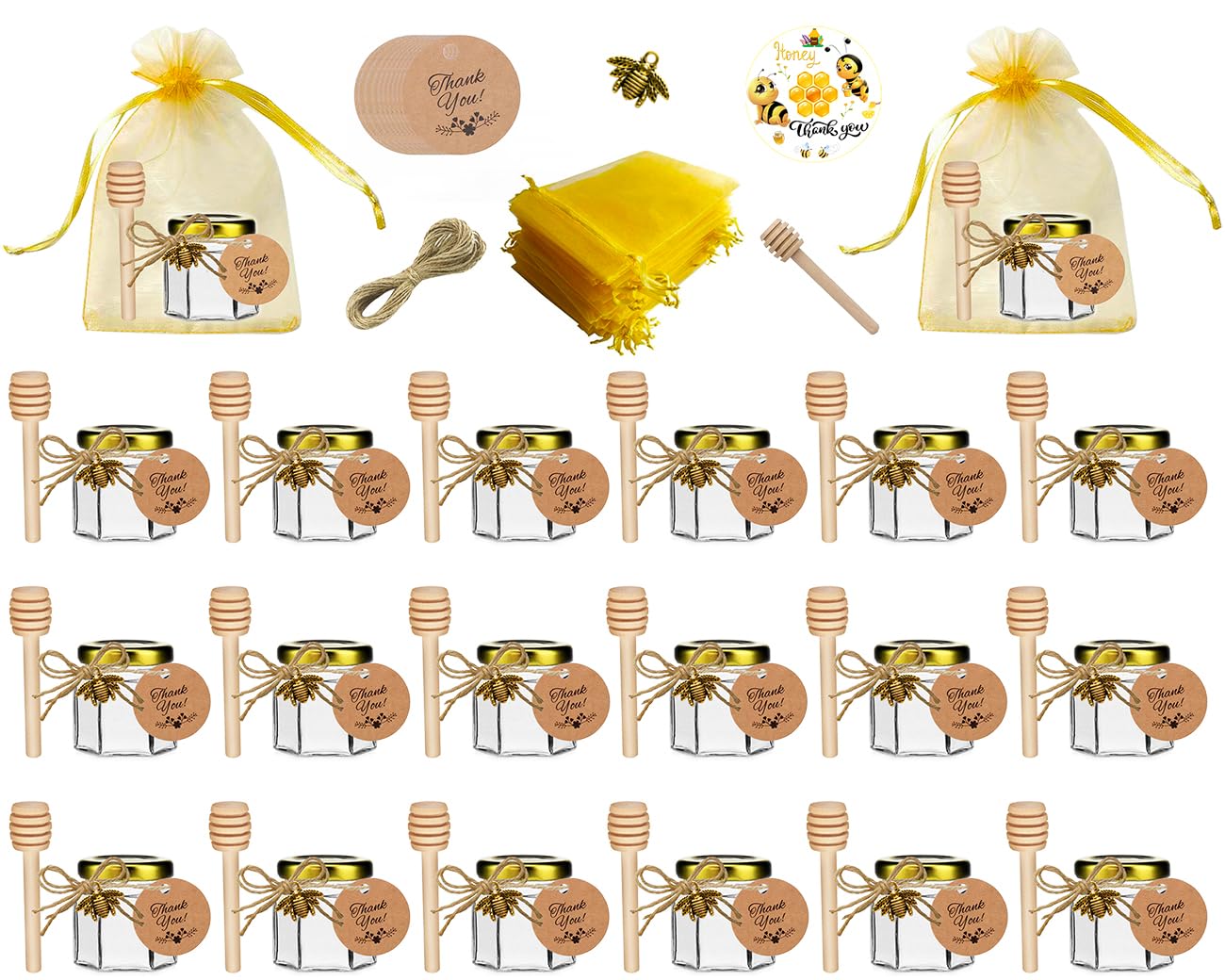 Photo 1 of IIKUM 20 Pack Glass Honey Jars, 1.5 oz Hexagon Honey Pots with Lids, Wooden Dippers, Bee Pendants, Gift Bags, Thank You Cards, Jutes and Stickers-Ideal Gift for Baby Shower, Wedding and Party Favors