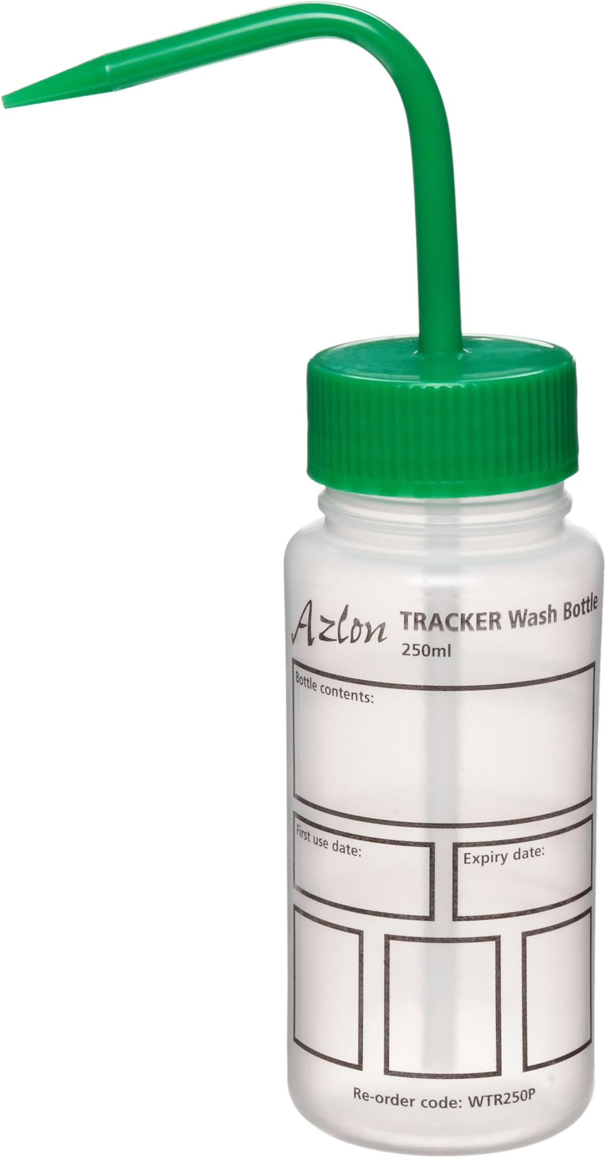 Azlon 506995-0001 250mL Tracker Reusable Wash Bottle With Write-On/Wipe-Off Labeling Areas And Green Nozzle Cap (Case Of 5)