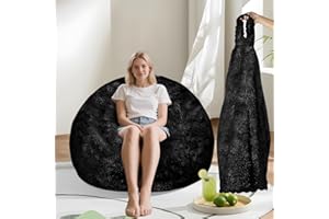 DSTXIZZ Fluffy Memory Foam Bean Bag Chair Cover (No Filler),Faux Fur Comfy Bean Bag Cover for Living Room,for Organizing Plush Toys or Textile (Black)