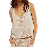 Womens Lace Boho Tank Tops Summer Tie Front Sheer Blouses Button Down Y2k Crop Tops