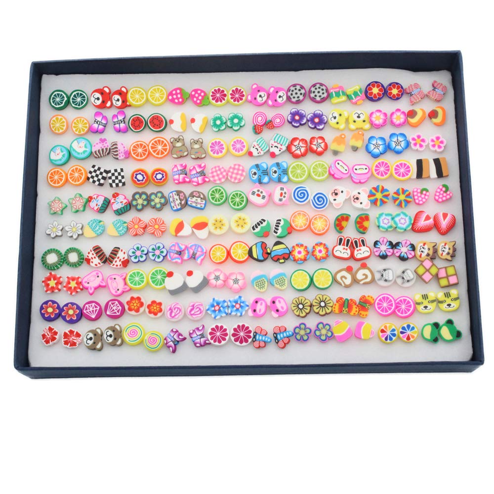 POFET 100 Pairs Stud Earrings with Rectangle Shape Gift Box, Exquisite fruit large soft clay earrings, Multiple Size and Patterns PAB12253
