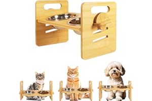 TNTIWQ 10° Elevated Cat Bowls for Food and Water Set Raised Cats Dishes for Indoor 3 Different Heights Bamboo Cats Feeding Stand Anti Whisker Fatigue for Cat and Puppy (1Pcs Bamboo, 2Bowls)