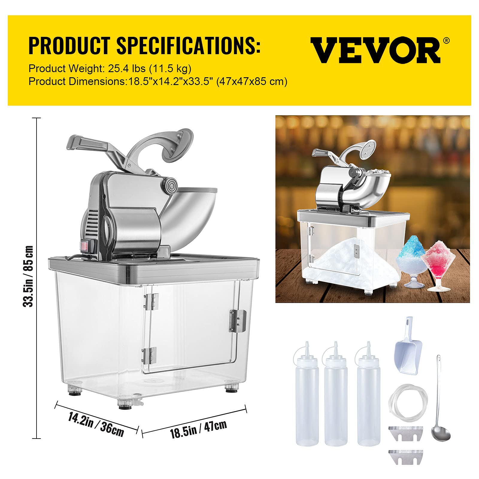 VEVOR 110V Commercial Ice Crusher 661LBS/H, ETL Approved 300W Electric Snow Cone Machine with Dual Blades, Stainless Steel Shaved Ice Machine with Safety On/Off Switch for Family, Restaurants, Bars